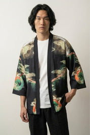 Kimono dragon Shen-Long Édition Kaïto motif dragon vert volant carpes koï oranges sur fond noir coton coupe haori manches trois-quarts streetwear japonais Japanstreet