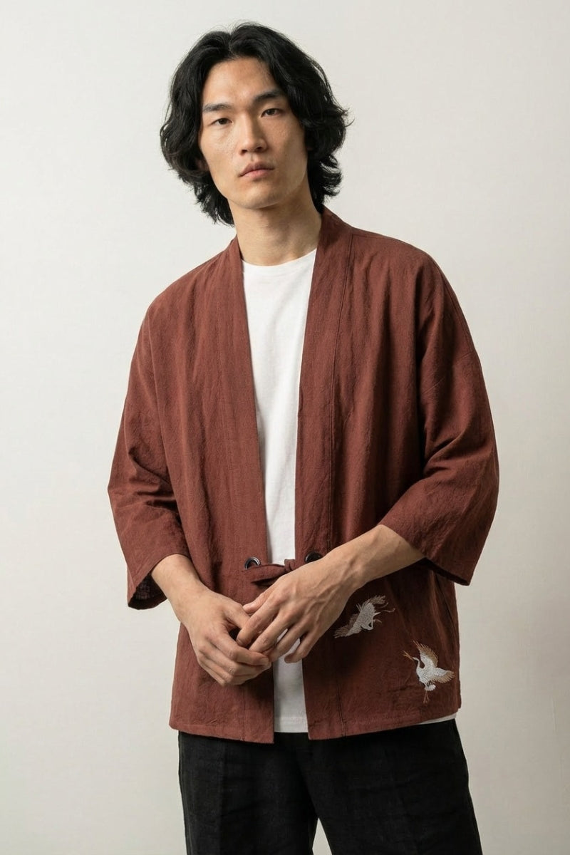 Kimono fashion homme Kogino marron café coton lin coupe droite manches trois-quarts attache cordon poche brodée style streetwear japonais Japanstreet