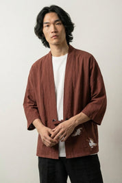 Kimono fashion homme Kogino marron café coton lin coupe droite manches trois-quarts attache cordon poche brodée style streetwear japonais Japanstreet
