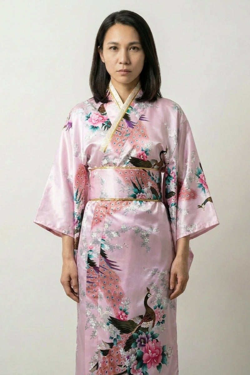 Kimono femme rose paon Hanami satin rose tendre paons pivoines roses sakura plumage or vert obi taille unique style streetwear japonais Japanstreet