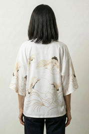 Kimono femme veste Setsuko blanche vue dos haori grues tsuru streetwear japonais Japanstreet