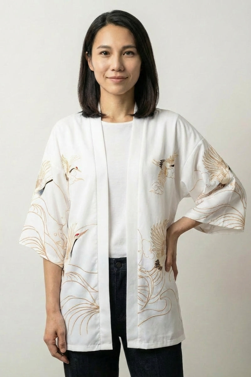 Kimono femme veste Setsuko blanche haori courte motif grues tsuru vagues manches trois-quarts streetwear japonais Japanstreet