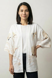 Kimono femme veste Setsuko blanche haori courte motif grues tsuru vagues manches trois-quarts streetwear japonais Japanstreet