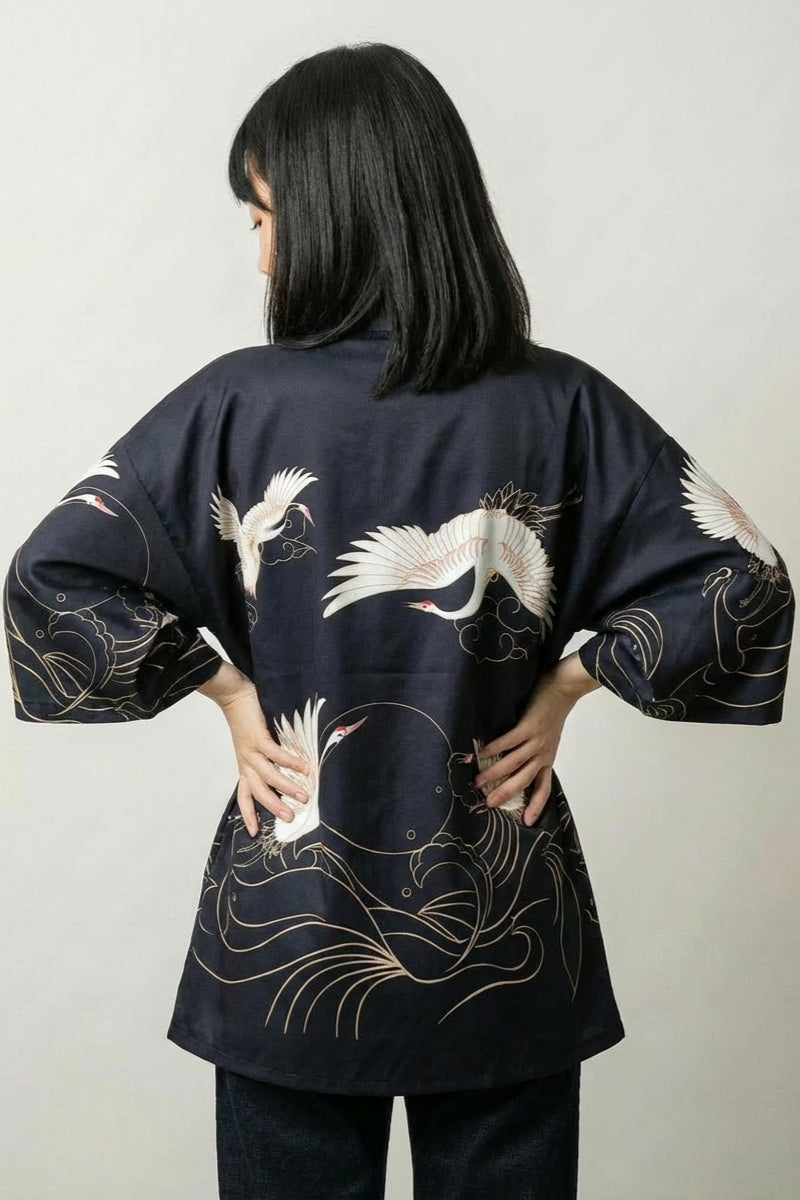 Kimono femme veste Setsuko noire vue dos haori grues tsuru blanches streetwear japonais Japanstreet