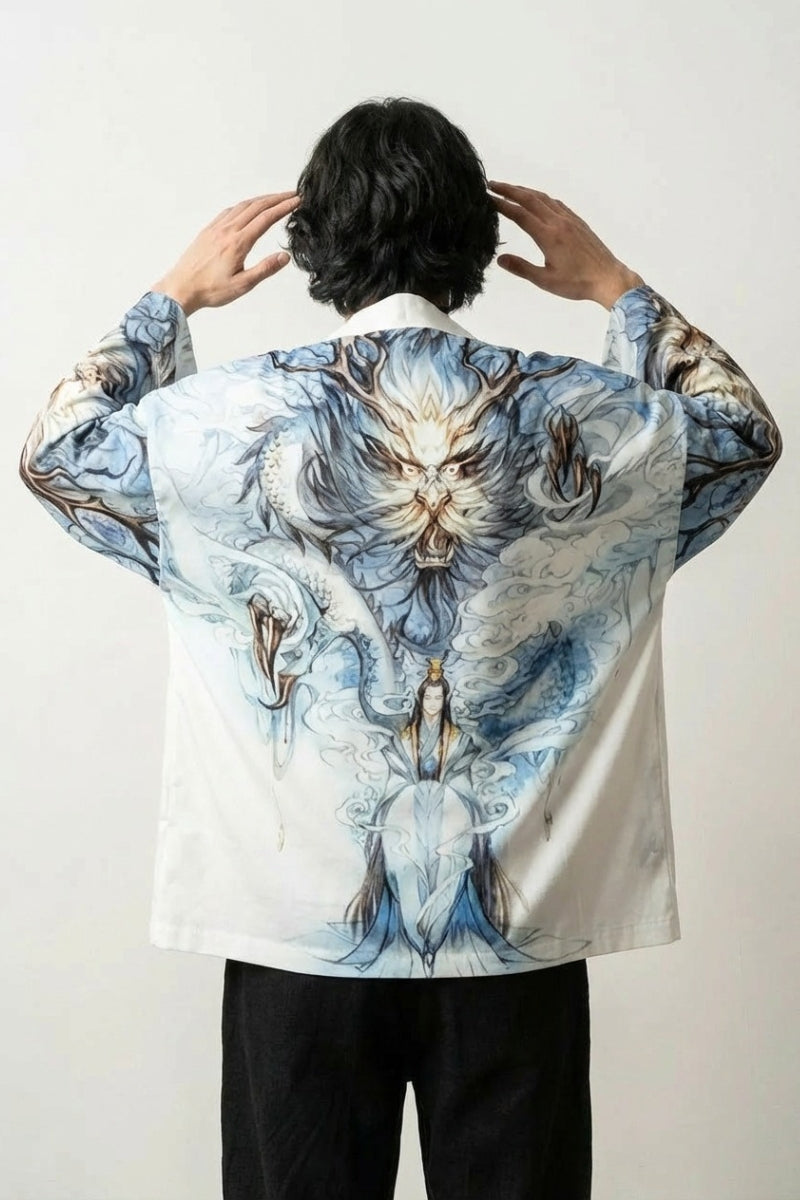 Kimono homme dragon Édition Kaïto vue dos motif dragon ryu illustration ukiyo-e bleu blanc coton manches trois-quarts streetwear japonais Japanstreet