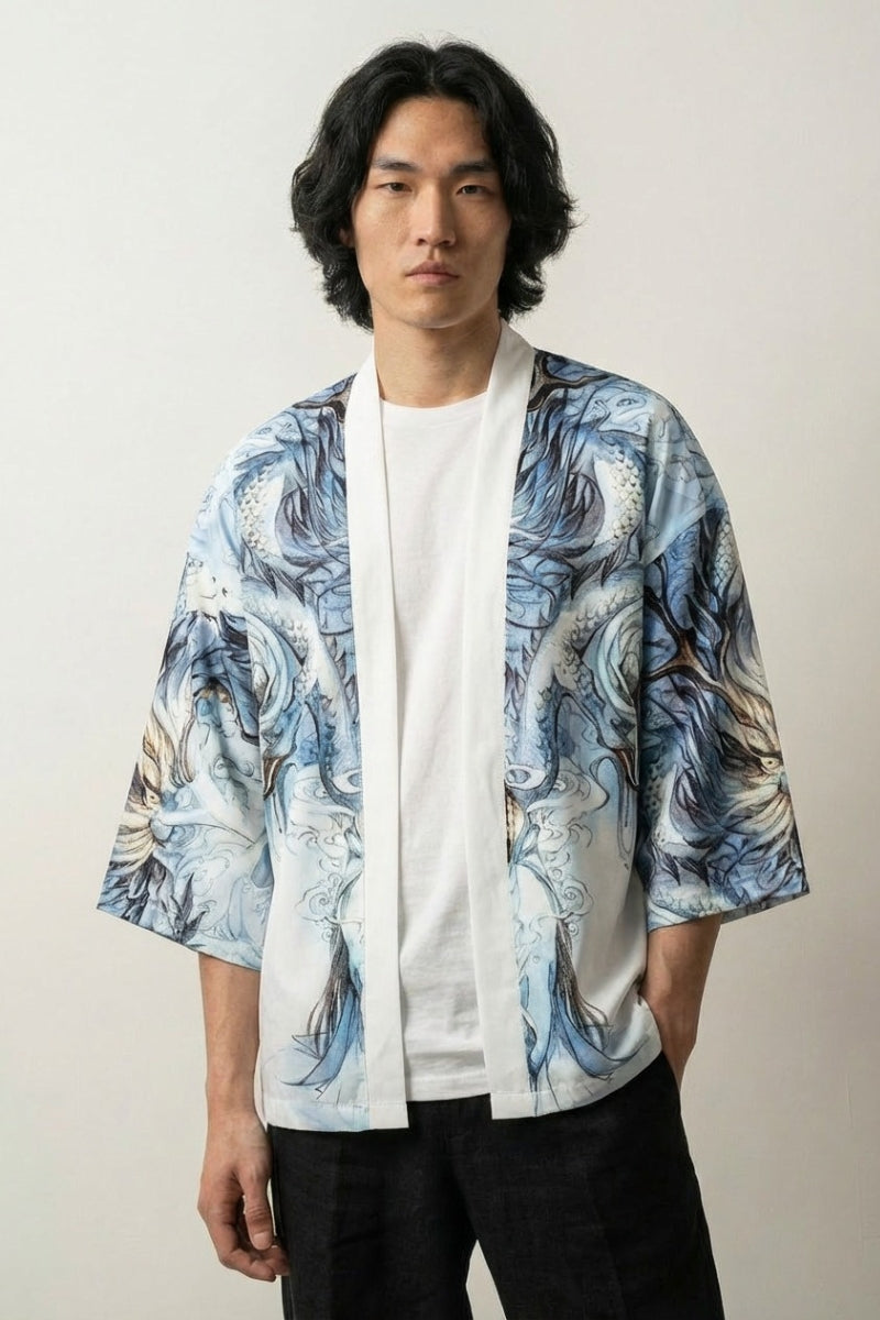 Kimono homme dragon Édition Kaïto motif dragon ryu illustration ukiyo-e bleu sur fond blanc coton coupe haori manches trois-quarts streetwear japonais Japanstreet