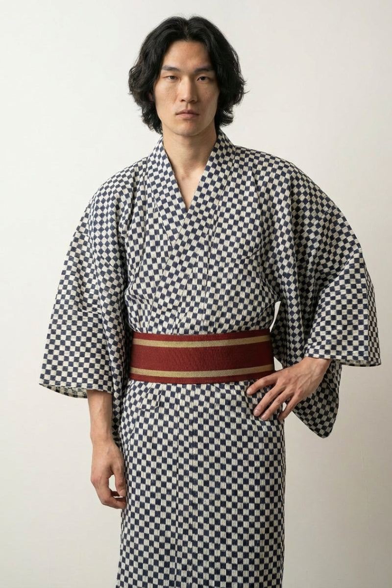 Kimono homme Paris Tokyo damier ichimatsu micro marine blanc chaud coton obi bicolore bordeaux beige or style streetwear japonais Japanstreet