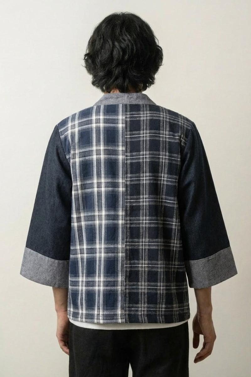 Kimono homme streetwear Seiya bicolore vue dos carreaux écossais marine coton brut streetwear japonais Japanstreet