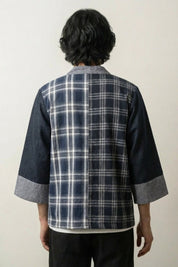 Kimono homme streetwear Seiya bicolore vue dos carreaux écossais marine coton brut streetwear japonais Japanstreet