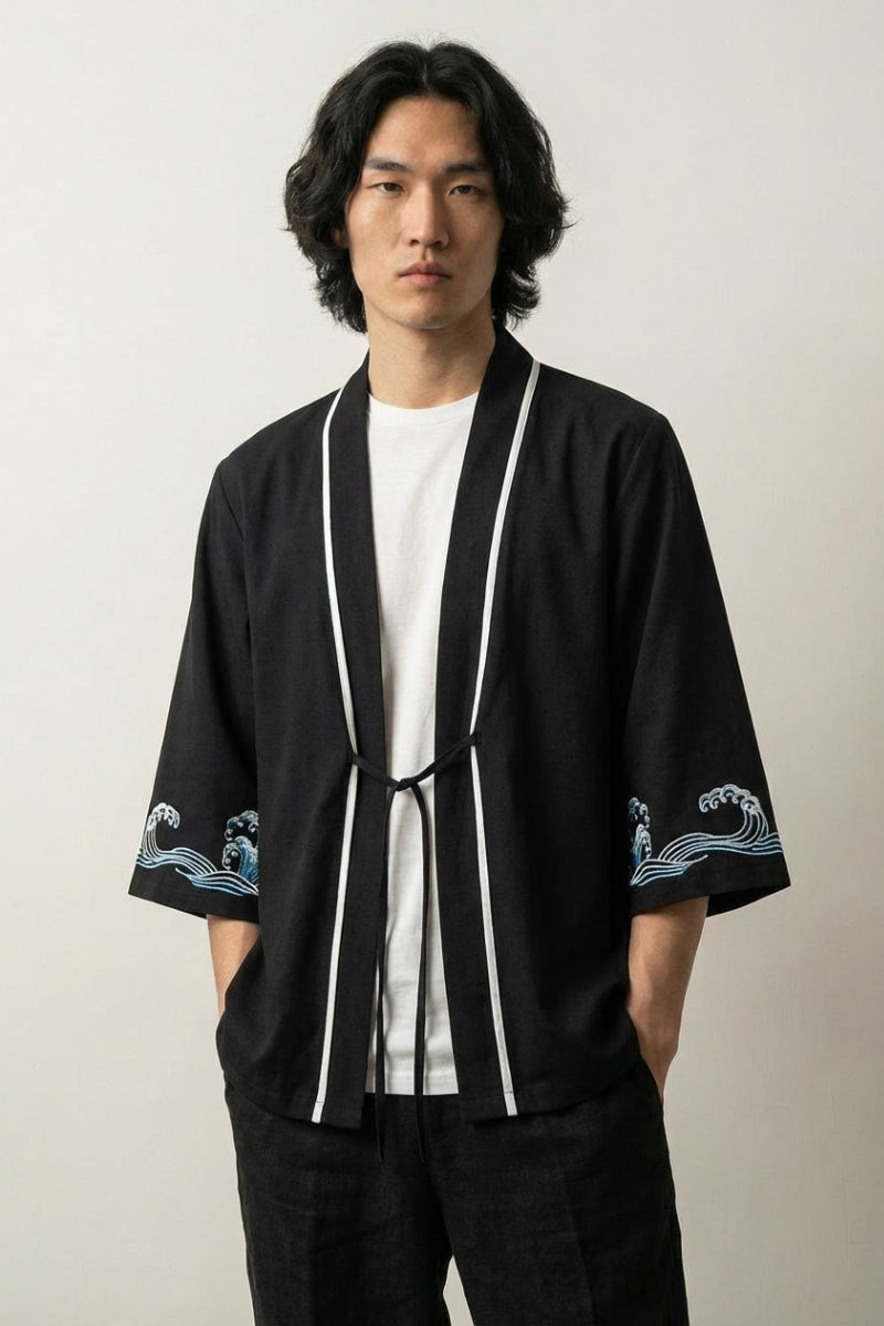 Kimono homme vague Kanagawa Hokusai motif Grande Vague bleu Prusse mont Fuji coton lin coupe droite manches trois-quarts style streetwear japonais Japanstreet