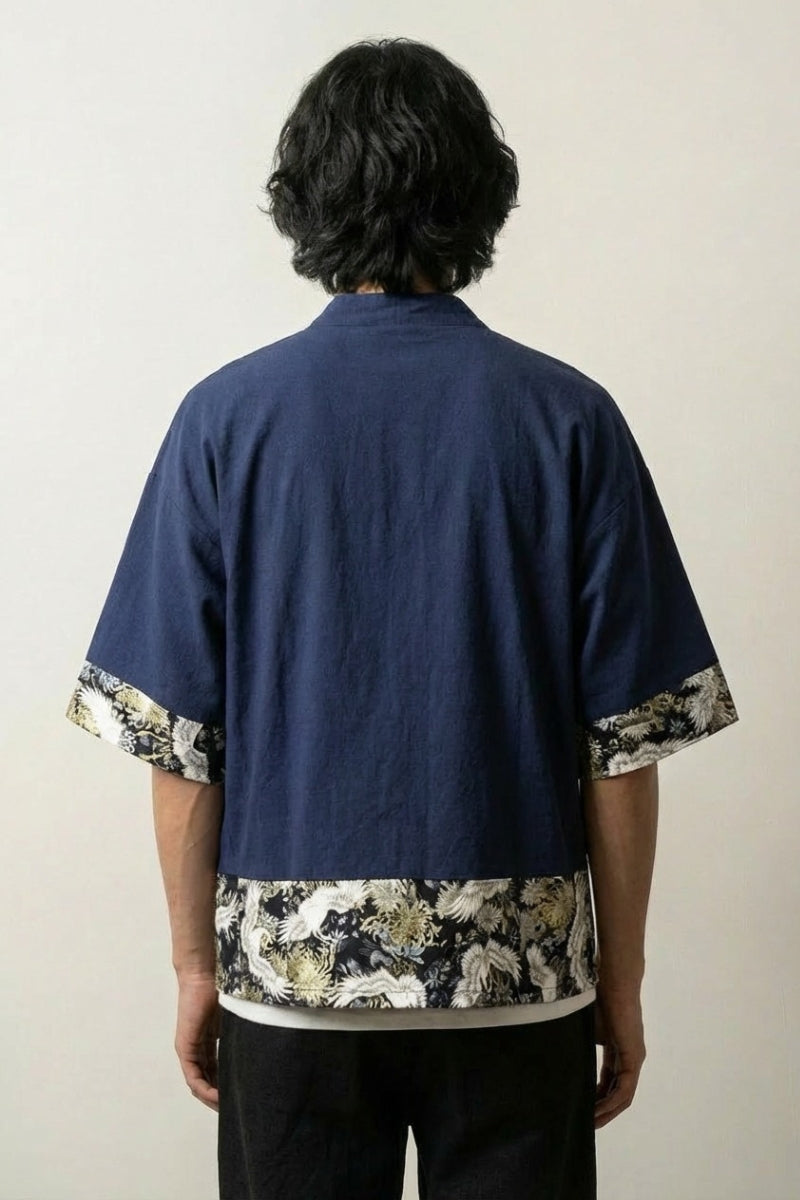 Kimono homme veste Arata bleu marine vue dos empiècements chrysanthème floral streetwear japonais Japanstreet