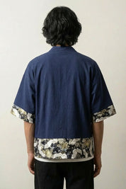 Kimono homme veste Arata bleu marine vue dos empiècements chrysanthème floral streetwear japonais Japanstreet