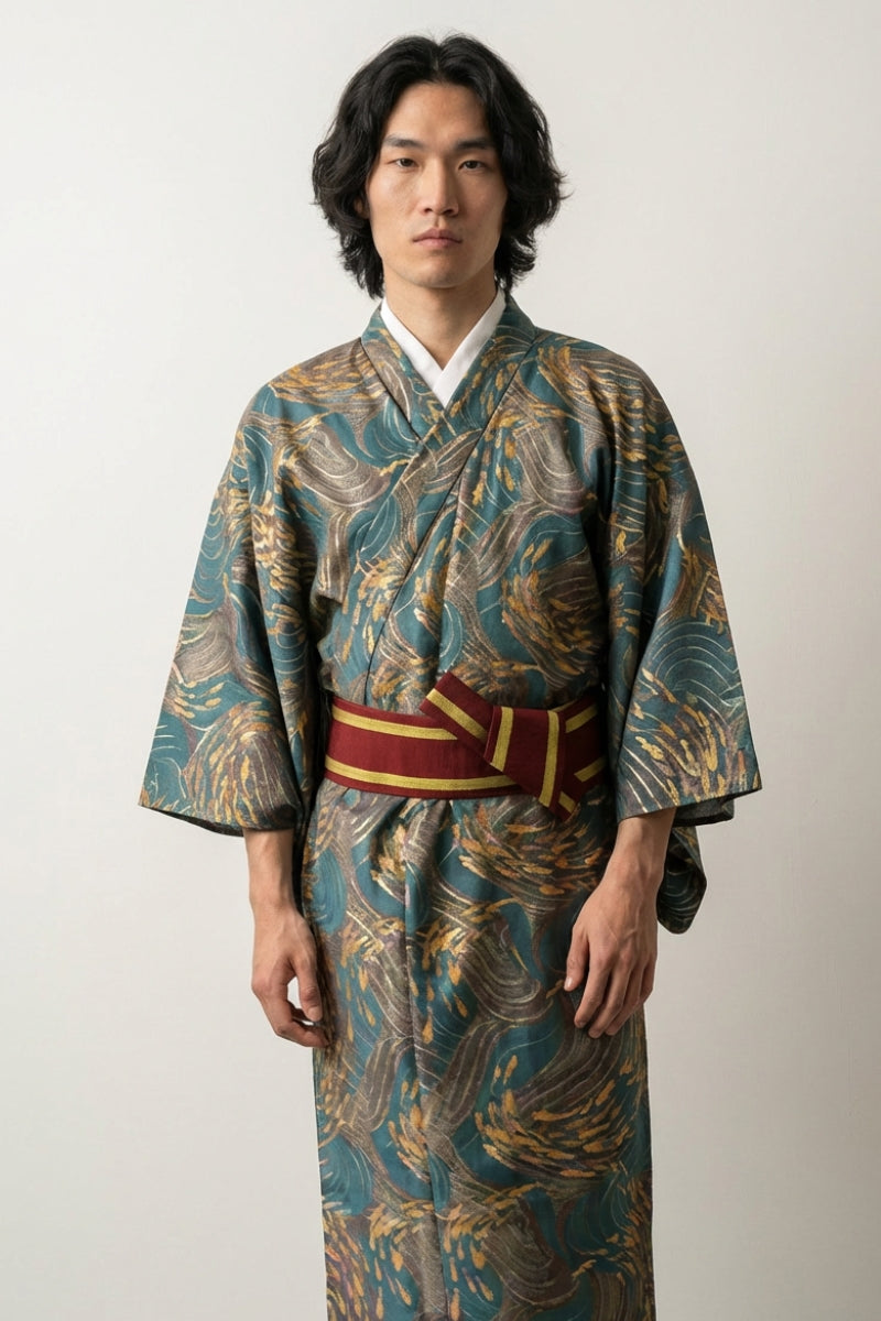 Kimono hō-ō homme Koniya teal profond motifs cuivre bruni or plumes satin obi tricolore bordeaux rouge or manches larges style streetwear japonais Japanstreet