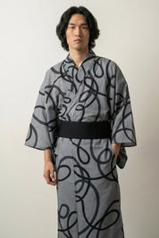Kimono japonais ancien Fudegaki gris coups pinceau calligraphie sumi-e noir coton obi noir manches larges style streetwear japonais Japanstreet