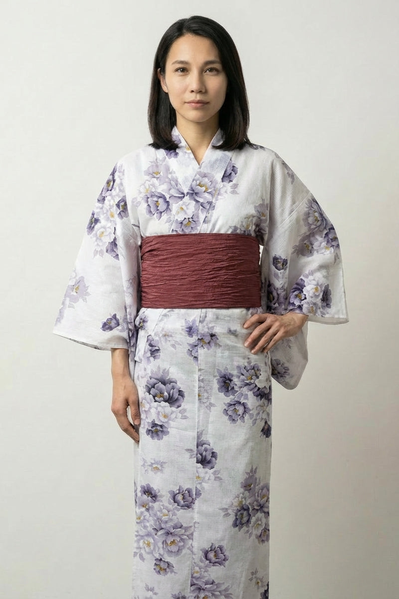 Kimono japonais blanc Botanko motif pivoine botan lavande gris centres dorés obi bordeaux coton taille unique style streetwear japonais Japanstreet