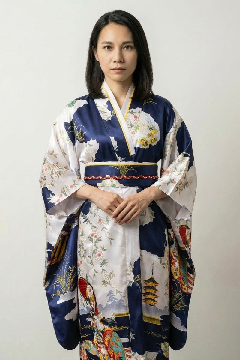 Kimono japonais bleu marine Edoko satin scènes ukiyo-e pagodes geishas panneaux nuageux blancs Edo obi liseré rouge style streetwear japonais Japanstreet