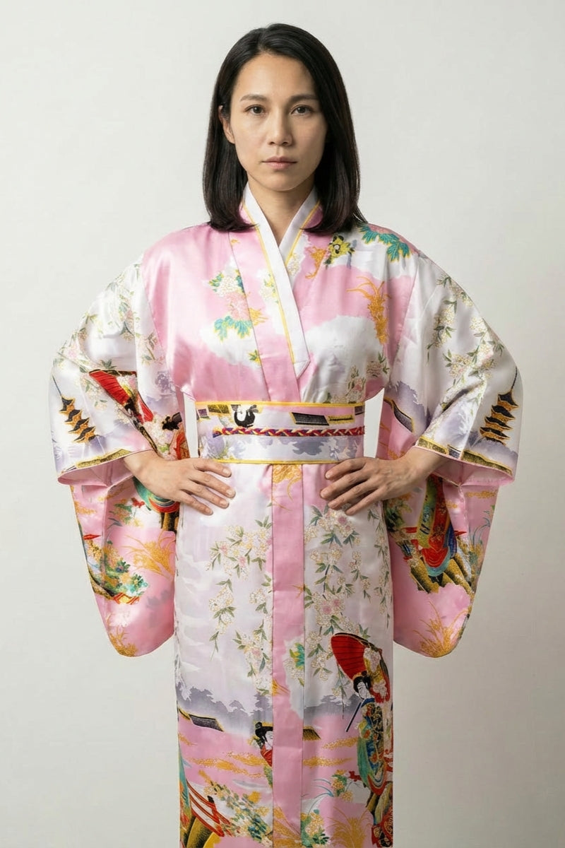 Kimono japonais femme rose Edoyume satin scènes ukiyo-e Edo geishas pagodes sakura accents dorés obi taille unique style streetwear japonais Japanstreet
