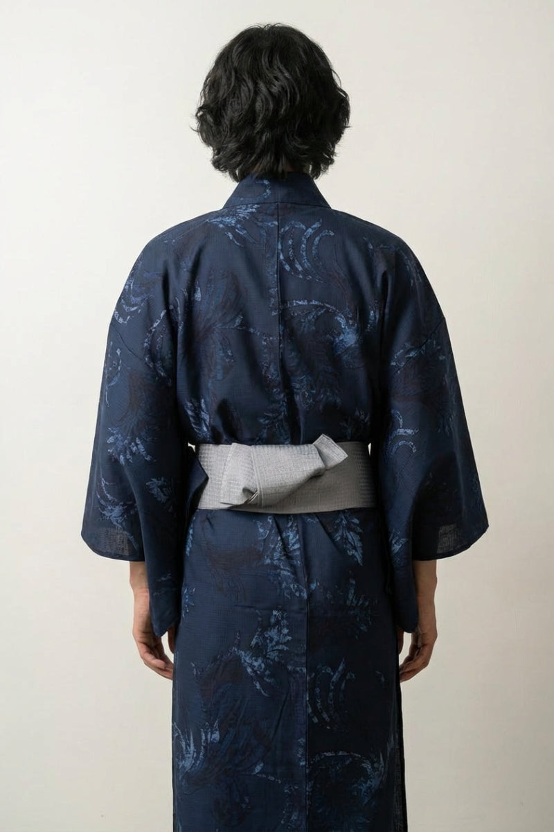 Kimono japonais homme Aionami indigo marine ai-zome motif botanique turquoise ton sur ton coton obi gris bleu vue dos manches larges style streetwear japonais Japanstreet