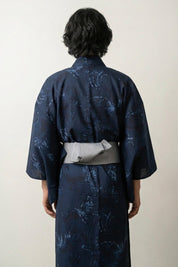 Kimono japonais homme Aionami indigo marine ai-zome motif botanique turquoise ton sur ton coton obi gris bleu vue dos manches larges style streetwear japonais Japanstreet