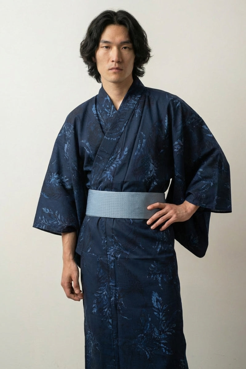 Kimono japonais homme Aionami indigo marine ai-zome motif botanique turquoise ton sur ton coton obi gris bleu manches larges style streetwear japonais Japanstreet