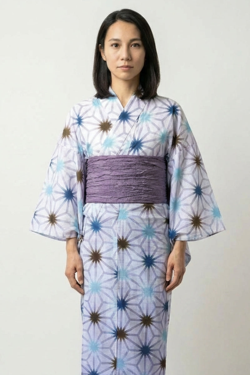 Kimono japonais long femme Yukika blanc motif asanoha étoile six branches turquoise indigo brun obi violet coton taille unique Japanstreet