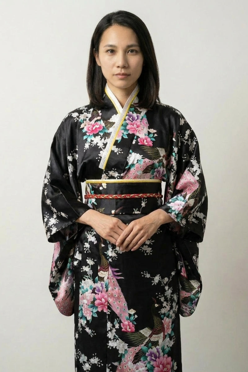 Kimono japonais paon noir Yoruka satin paons pivoines roses sakura blanc feuillage argenté obi liseré rouge style streetwear japonais Japanstreet