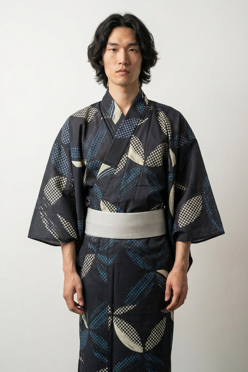Kimono japonais pour homme Ichihane anthracite motif ichimatsu damier feuilles noir ivoire cobalt coton obi gris manches larges style streetwear japonais Japanstreet