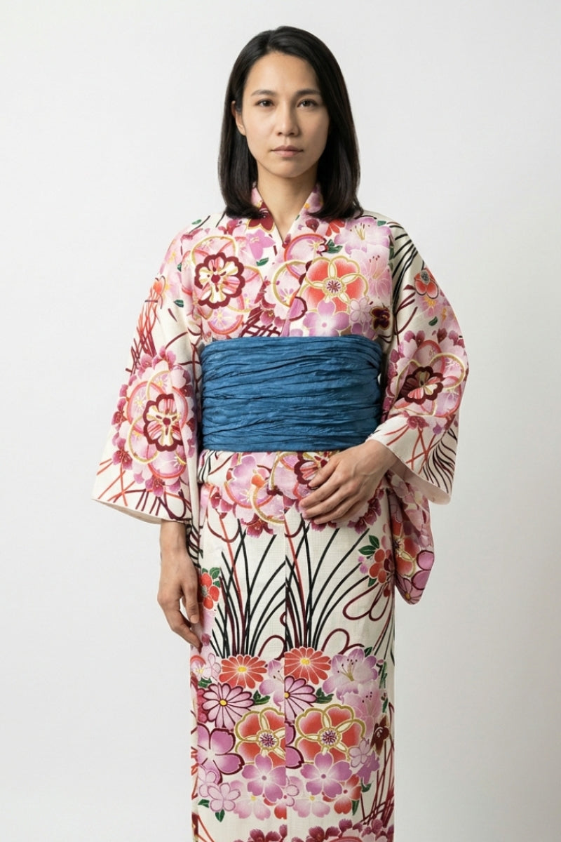 Kimono japonais rose Hanayo ivoire motif sakura prunier corail bordeaux or obi bleu coton taille unique style streetwear japonais Japanstreet