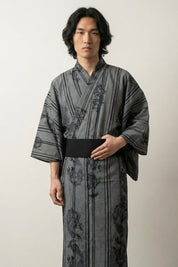 Kimono japonais vintage Ryuchiku gris dragons ryu bambou take rayures verticales encre noire coton obi noir manches larges style streetwear japonais Japanstreet