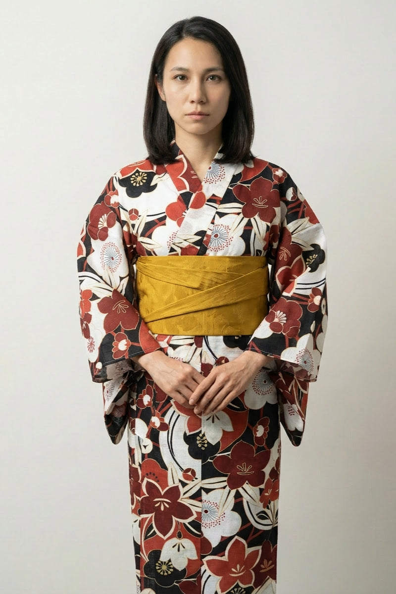 Kimono japonais vintage Umeko motif fleurs de prunier ume rouge blanc fond sombre obi moutarde coton taille unique style streetwear japonais Japanstreet