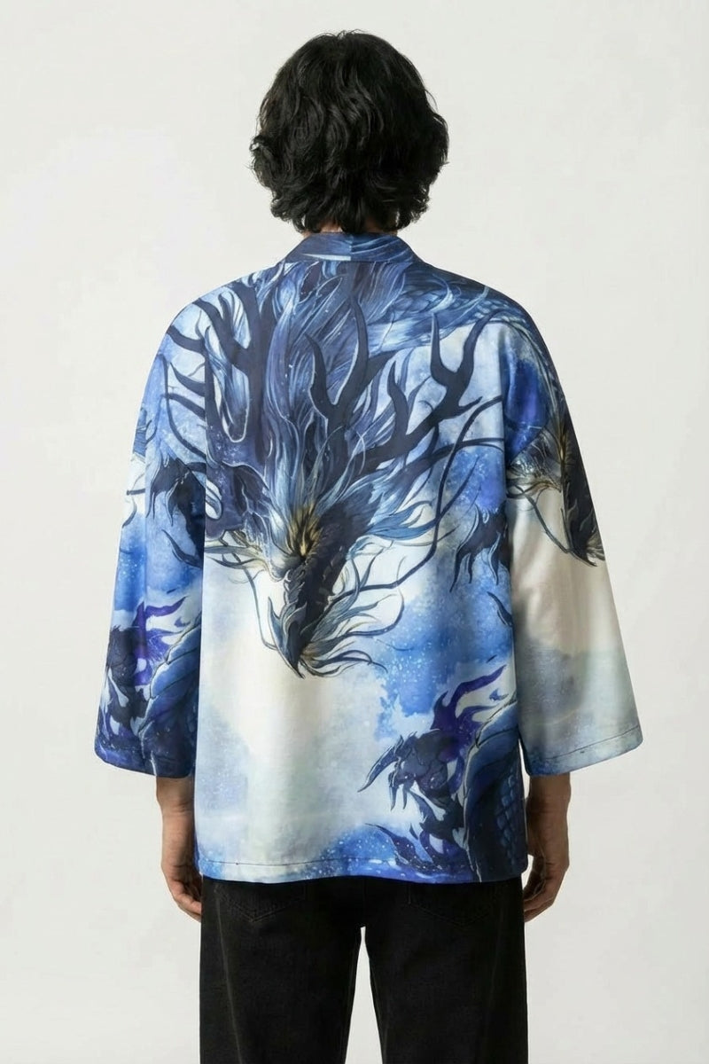 Kimono léger homme Édition Kaïto vue dos motif dragon ryu bleu étoilé coton léger manches trois-quarts streetwear japonais Japanstreet
