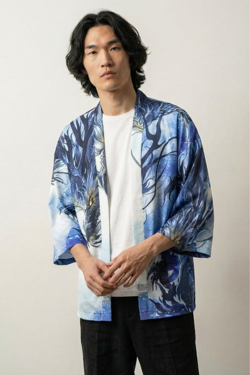 Kimono léger homme Édition Kaïto motif dragon ryu bleu fond clair étoilé coton léger respirant coupe haori manches trois-quarts streetwear japonais Japanstreet