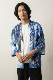 Kimono léger homme Édition Kaïto motif dragon ryu bleu fond clair étoilé coton léger respirant coupe haori manches trois-quarts streetwear japonais Japanstreet