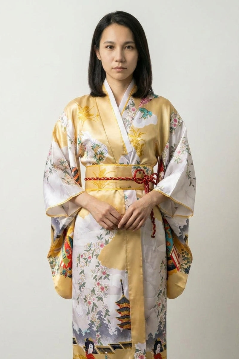 Kimono long or Kogane satin doré scènes ukiyo-e pagodes geishas sakura panneaux nuageux blancs obi liseré rouge style streetwear japonais Japanstreet