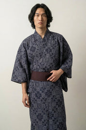 Kimono motif japonais Hanamon bleu marine kamon médaillons rosettes géométriques lavande gris coton obi bordeaux manches larges style streetwear japonais Japanstreet