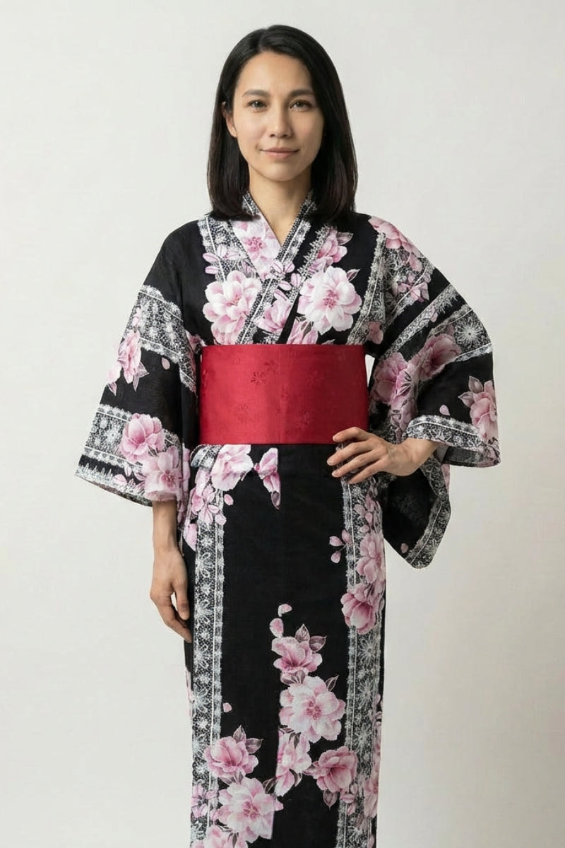 Kimono noir femme Sakurako coton motif fleurs de cerisier sakura blanc rose obi rouge taille unique style streetwear japonais Japanstreet