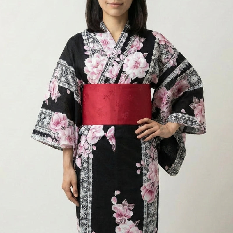 Kimono noir femme Sakurako coton motif fleurs de cerisier sakura blanc rose obi rouge taille unique style streetwear japonais Japanstreet