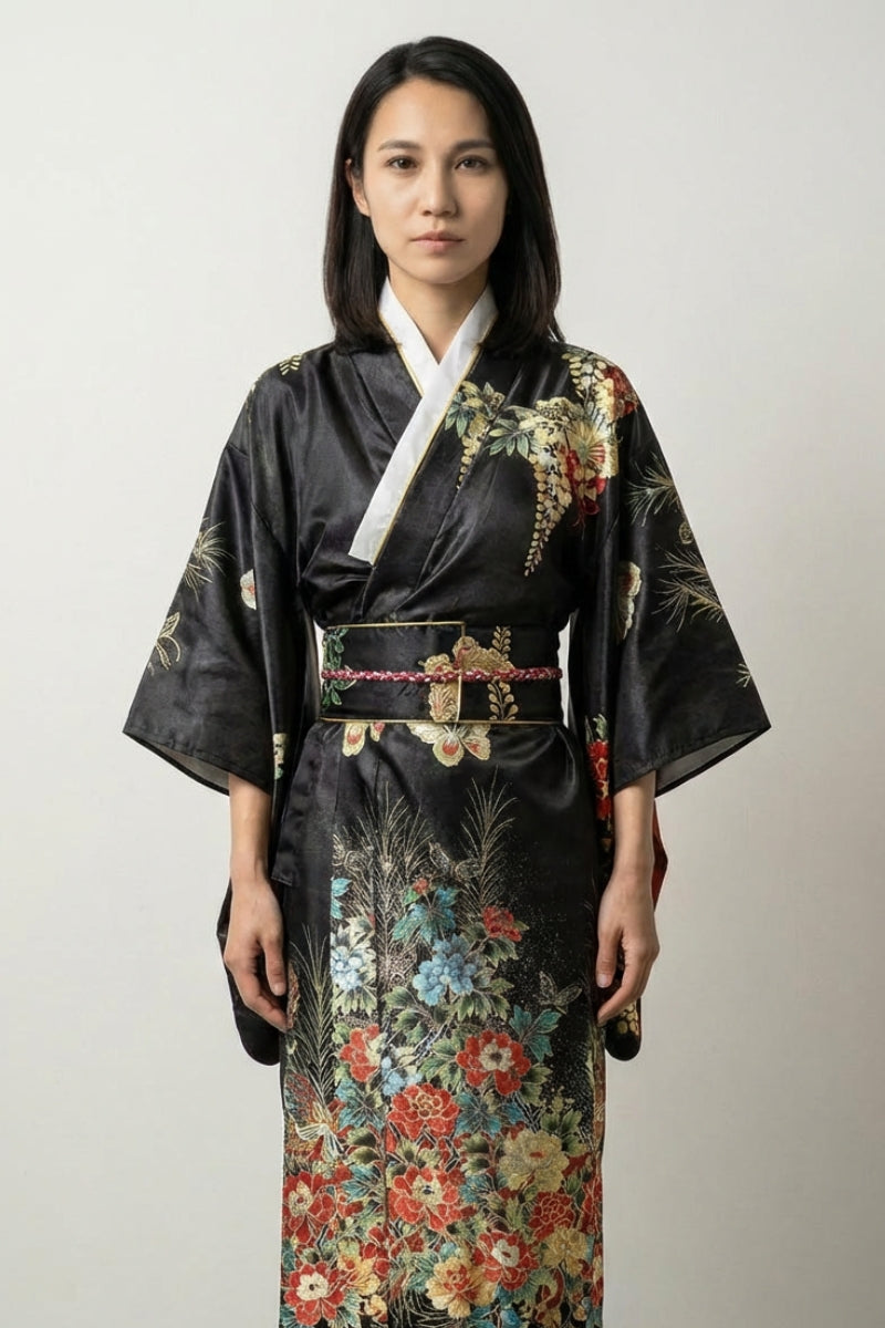 Kimono noir floral Botanya satin pivoine chrysanthème glycine multicolore rouge bleu vert or panneau yuzen obi liseré rouge style streetwear japonais Japanstreet