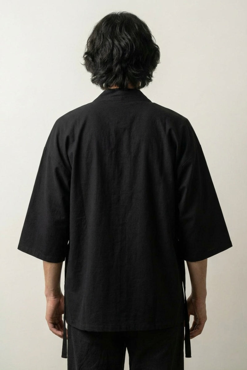 Kimono noir homme Yuudai vue dos coton haori manches trois-quarts streetwear japonais Japanstreet