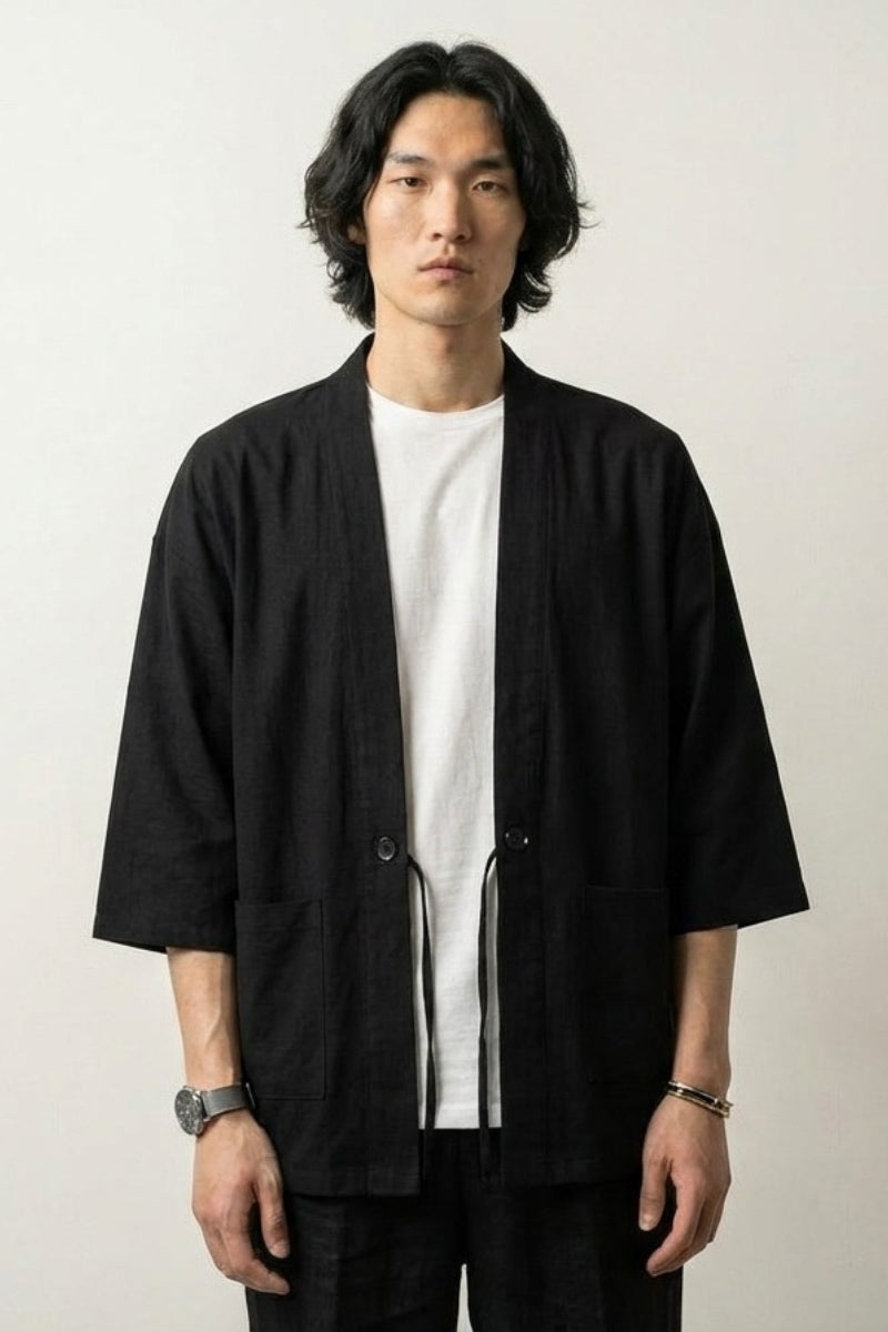 Kimono noir homme Yuudai coton coupe haori manches trois-quarts col ouvert bouton attache style streetwear japonais Japanstreet