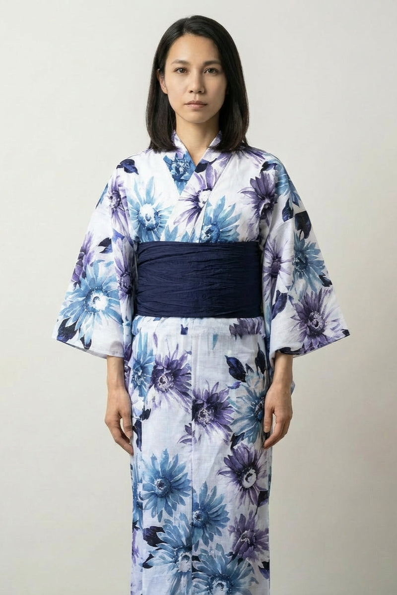 Kimono robe japonaise Sumire blanc motif violette aquarelle cobalt lavande violet obi marine coton taille unique style streetwear japonais Japanstreet