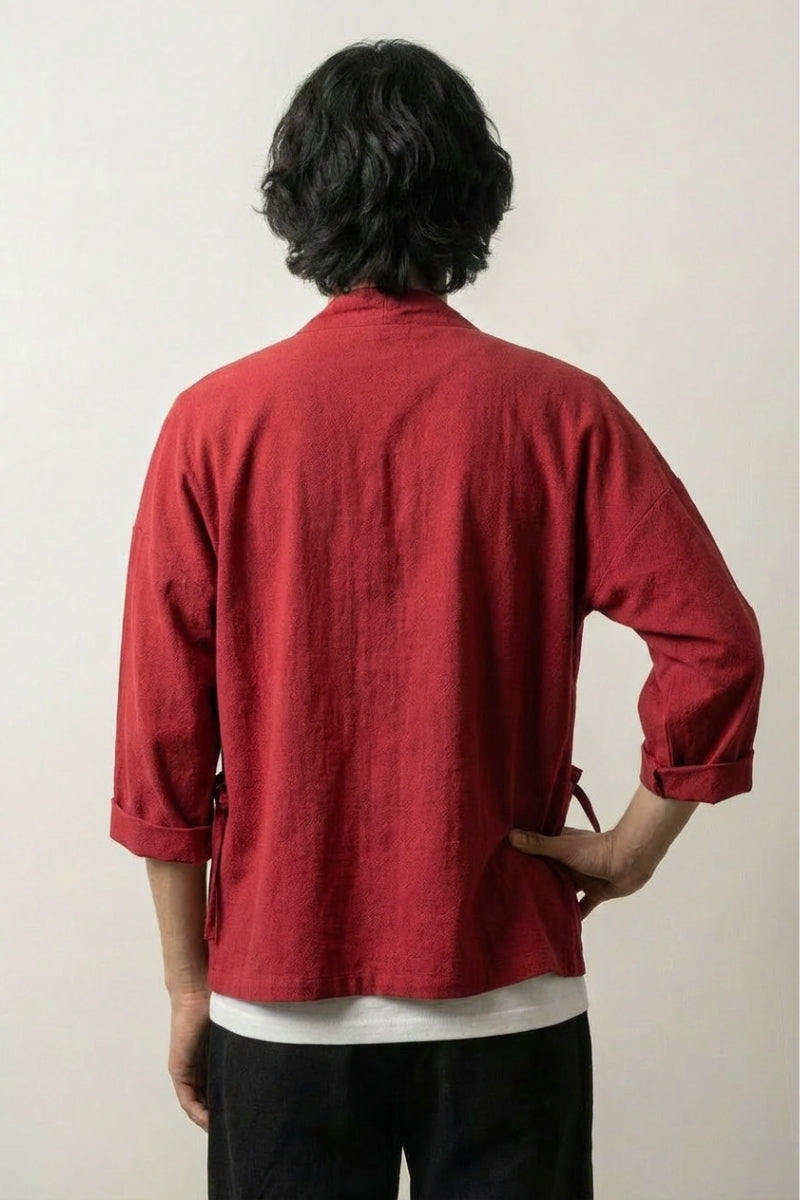 Kimono rouge homme Yuudai brique vue dos coton haori manches trois-quarts streetwear japonais Japanstreet