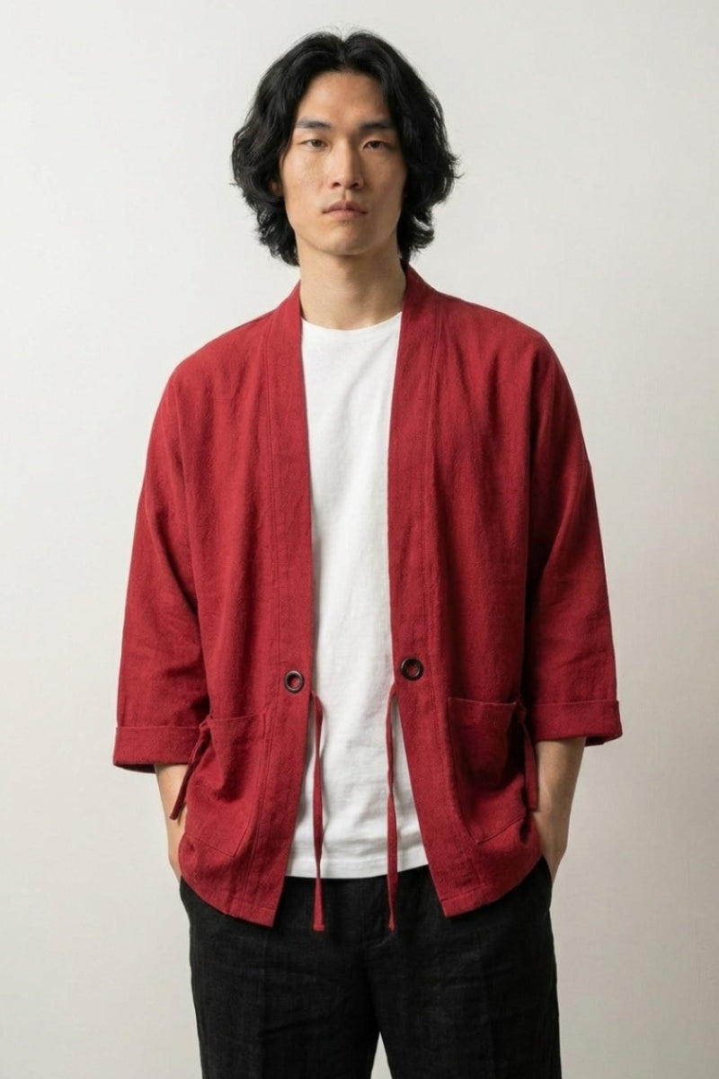 Kimono rouge homme Yuudai brique coton coupe haori manches trois-quarts col ouvert bouton attache style streetwear japonais Japanstreet