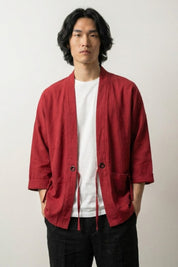 Kimono rouge homme Yuudai brique coton coupe haori manches trois-quarts col ouvert bouton attache style streetwear japonais Japanstreet