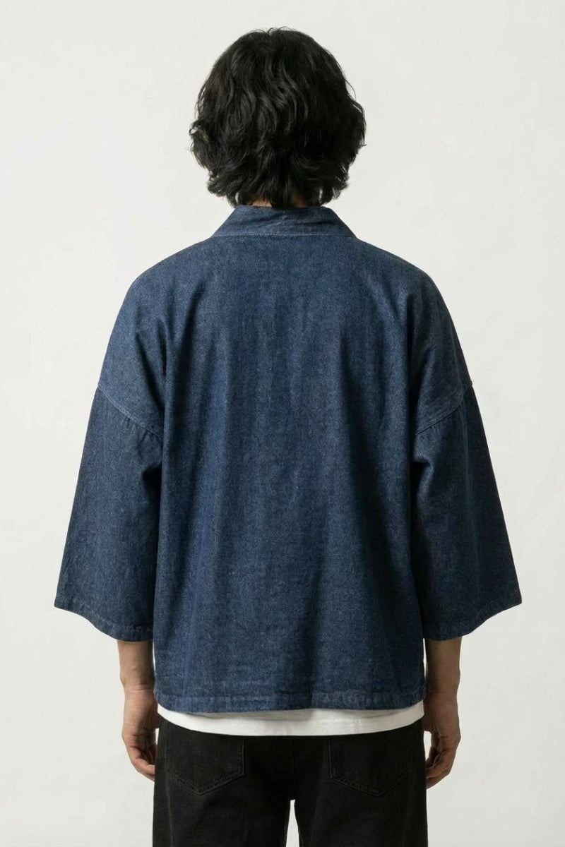 Kimono streetwear homme Kazuko denim bleu vue dos coton délavé poches plaquées streetwear japonais Japanstreet