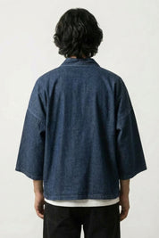 Kimono streetwear homme Kazuko denim bleu vue dos coton délavé poches plaquées streetwear japonais Japanstreet
