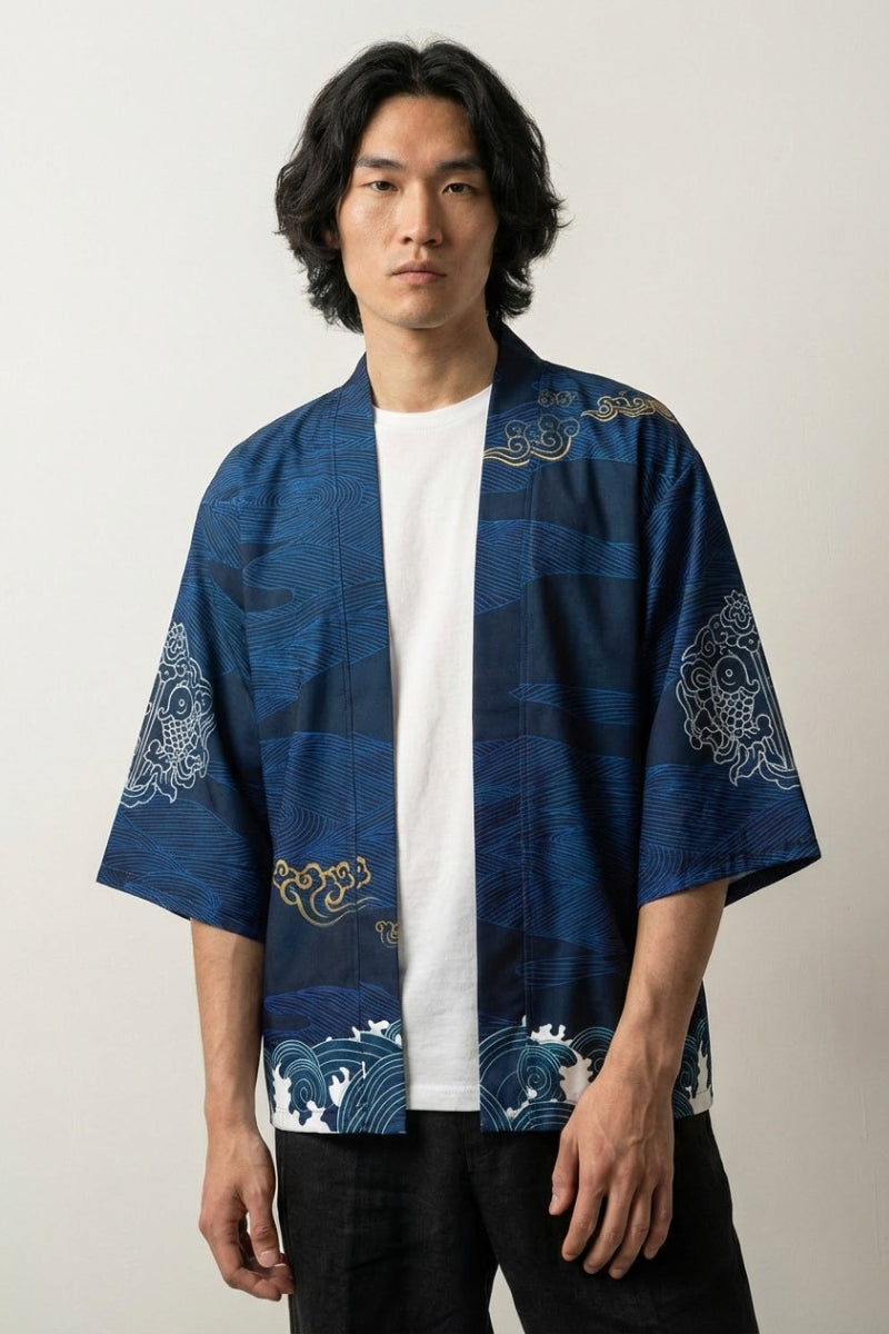Kimono streetwear Tsuru Motif bleu marine à grues blanches et nuages style japonais moderne Japanstreet