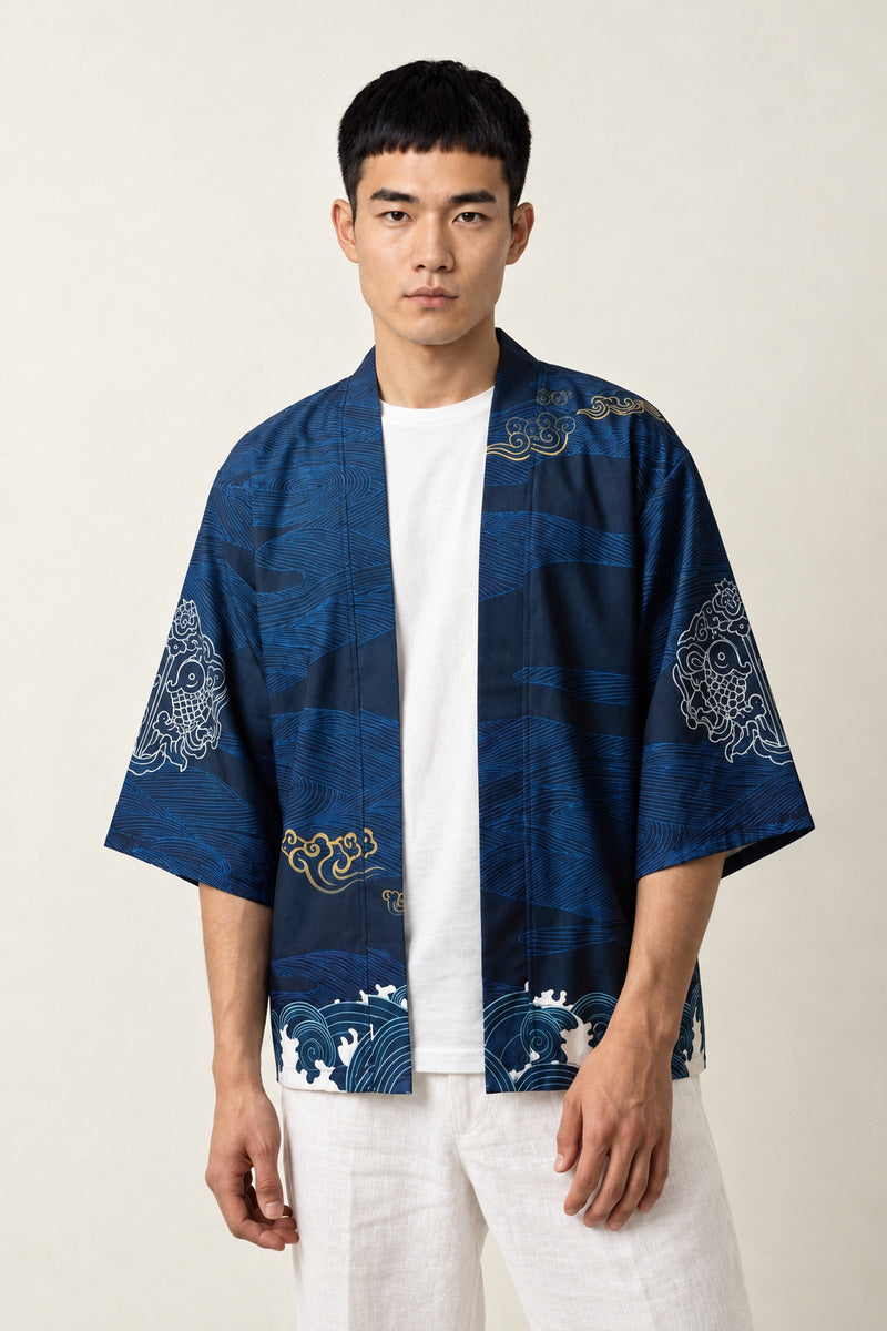 Kimono Streetwear Tsuru Motif porté par un homme, vue de face.