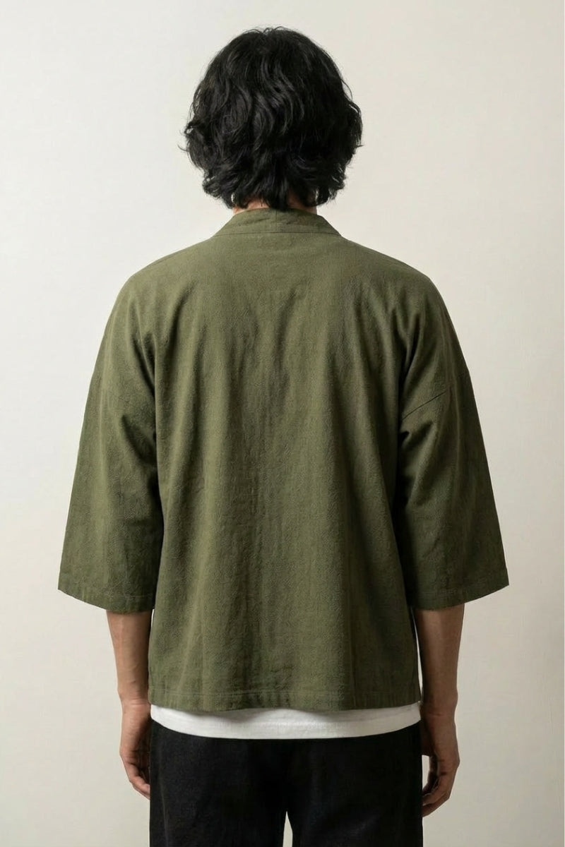 Kimono vert homme Yuudai kaki olive vue dos coton haori manches trois-quarts streetwear japonais Japanstreet
