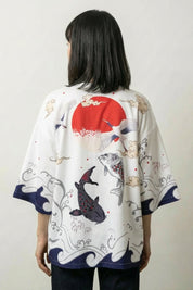 Kimono veste pour femme Miyuki blanche vue dos haori koï soleil streetwear japonais Japanstreet